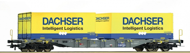 Flat car with 2 containers Dachser<br /><a href='images/pictures/Roco/229879.jpg' target='_blank'>Full size image</a>